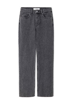 Jeans negros de pernera recta y cintura alta con un sutil patrón de pequeños puntos, botón frontal y diseño de cinco bolsillos.