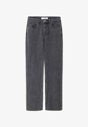 Jeans negros de pernera recta y cintura alta con un sutil patrón de pequeños puntos, botón frontal y diseño de cinco bolsillos.