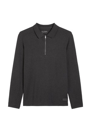 Koszulka polo z długim rękawem w ciemnoszarym kolorze z kołnierzykiem i przednim półzamkiem. Charakteryzuje się minimalistycznym designem i miękką, teksturowaną tkaniną.