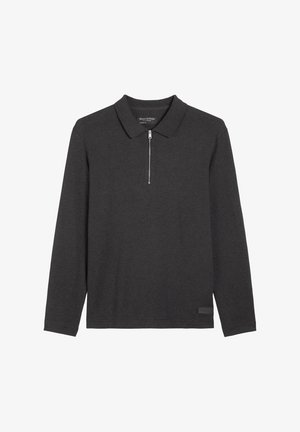 Long-sleeve polo shirt in dark gray with a collar and a front half zip. Features a minimal design and soft, textured fabric.