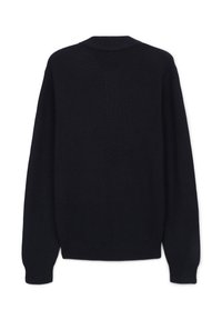 Schwarzer Strickpullover mit langen Ärmeln, gerippter Textur und flachem Kragen. Der Rücken ist schlicht und hat eine leicht lockere Passform.