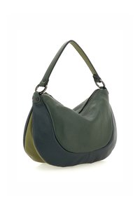 Borsa in pelle nelle tonalità di verde e blu navy, caratterizzata da una forma arrotondata e morbida, chiusura con zip e un manico corto e testurizzato.
