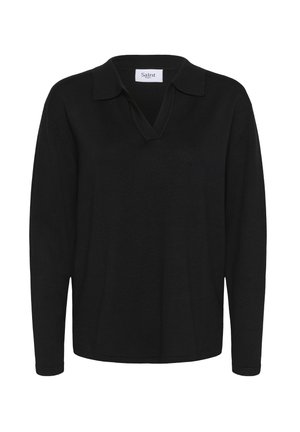 Suéter negro de manga larga con cuello en V y cuello, hecho de una textura suave. Presenta una etiqueta de marca en el escote.