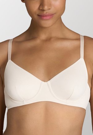 Reggiseno imbottito beige con ferretto. Spalline sottili e regolabili. Tessuto morbido e design senza cuciture. Classica forma a V sul davanti.