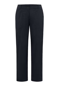 Dunkelblaue Hosen aus leichtem Material, mit geradem Bein, zwei Vorderaschen und einem Knopfverschluss an der Taille.