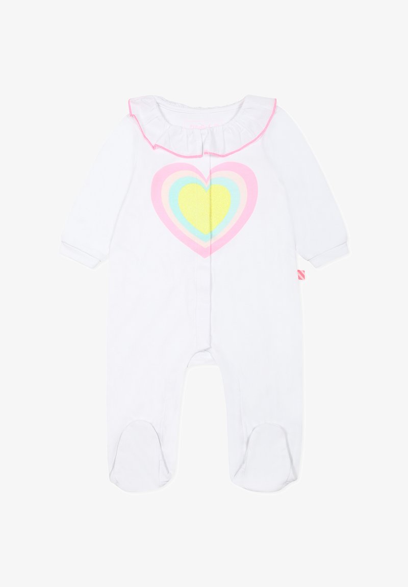 Body bianco per neonato con una grande grafica a forma di cuore multicolore dalle tonalità rosa, giallo e blu. Presenta un colletto arricciato e un design con copri-piedi.