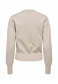 Beiger Sweatshirt mit rundem Ausschnitt, überschnittenen Schultern, gerippten Bündchen und tailliertem Bund. Glatte Textur mit minimalen Nahtdetails.