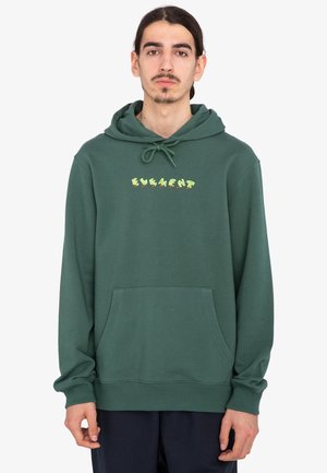 Green hooded sweatshirt made of soft fabric with a front pocket and drawstring. Features a colorful "ELEMENT" logo on the chest.