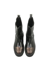 Black glossy ankle boots with a textured sparkling bronze toe cap, elasticated sides, and pull tabs for easy wear.