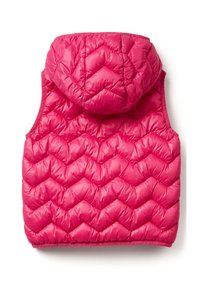 Kapsáčková růžová vesta s kapucí, která má šikmý vzor a hladký, lesklý povrch. Bez rukávů a s kulatým výstřihem.