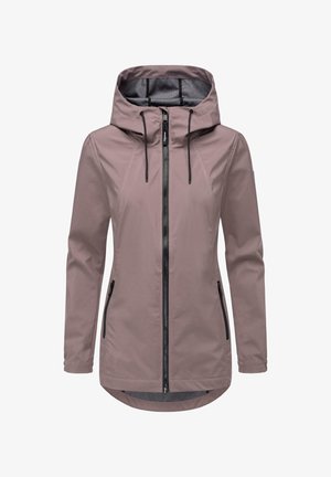 Vodoodporna, svetlo mauve jakna s kapuco, sprednjim zadrgo in dvema stranskima žepekoma z zadrgo; ima črne vrvice in poudarke.