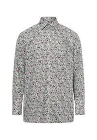 Lange mouwen shirt van lichte stof, met een bloemmotief in tinten van rood, blauw en groen op een lichte achtergrond; klassieke kraag.