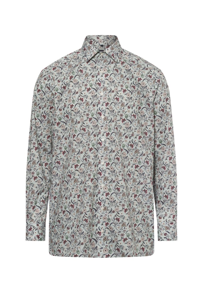Lange mouwen shirt van lichte stof, met een bloemmotief in tinten van rood, blauw en groen op een lichte achtergrond; klassieke kraag.
