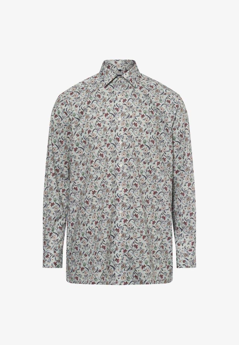 Camicia a maniche lunghe in tessuto leggero, caratterizzata da un motivo floreale con tonalità di rosso, blu e verde su uno sfondo chiaro; colletto classico.