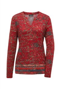 Rotes langärmliges Oberteil mit V-Ausschnitt, das ein Blumen- und Paisleymuster in Blau und Gelb aufweist. Weicher Stoff mit einer leicht strukturierten Oberfläche.