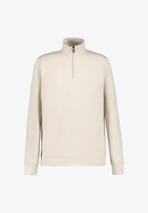Light beige pullover, featuring a stand collar and a half zip. Made from a smooth, lightweight fabric with long sleeves and a fitted hem.