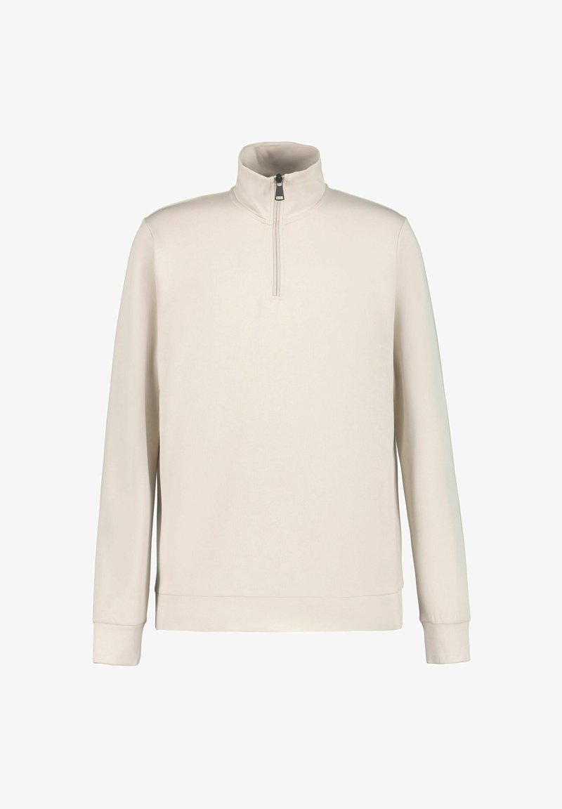 Světlý béžový pulovr s nákrčníkem a polovičním zipem. Vyroben z hladké, lehké látky s dlouhými rukávy a přiléhavým lemem.