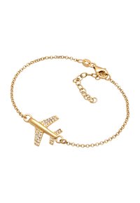 Armbanduhr in Goldoptik mit einem Flugzeug-Anhänger, verziert mit klaren Steinen, befestigt mit einem Karabinerverschluss und einer verstellbaren Kette für eine perfekte Passform.