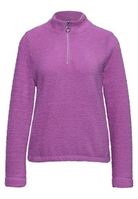 Pullover in pile viola con colletto alto, zip a un quarto e superficie texturizzata. Maniche lunghe con orlo dritto.