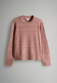 Maglione di lana rosa con scollatura rotonda, maniche lunghe, polsini a coste e orlo dritto. Texture morbida con un aspetto leggermente peloso.
