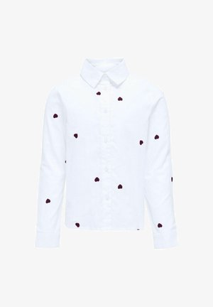 Cămașă albă cu mâneci lungi, cu nasturi, având modele mici răspândite de inimi întunecate și un guler clasic, expusă pe un fundal simplu.