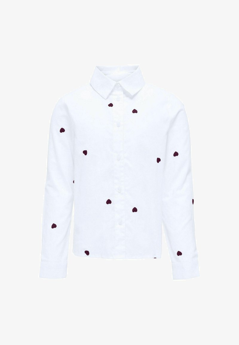 Fehér, hosszú ujjú, gombos ing, apró, szórt sötét szívmintákkal és klasszikus gallérral, egyszínű háttéren bemutatva.