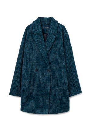 Teal houndstooth coat featuring a double-breasted design, notched lapels, and two front pockets. Made from textured fabric.