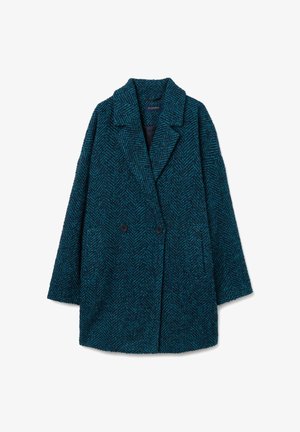 Teal houndstooth jas met een dubbele knoopsluiting, geknipte revers en twee voorzakken. Gemaakt van textuurstof.