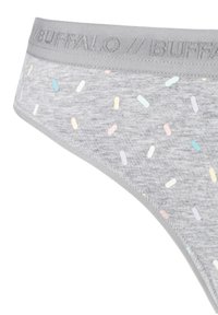 Graue Baumwoll-Bikini-Unterhose mit pastellfarbenem Streumuster, ausgestattet mit einem tonal elastischen Bund, auf dem "BUFFALO" geprägt ist. Nahtloses Design für Komfort.