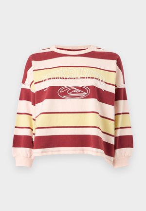 Hanorac cu guler rotund, cu dungi orizontale largi în culoarea vișinie, roz pal și galben, având inscripția și logo-ul "Quiksilver" pe față.