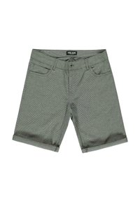 Heren shorts in een gestructureerde, donkergrijze stof met een subtiel streep patroon, voorzien van opgerolde mouwen en zijzakken. Merkenlabel zichtbaar.