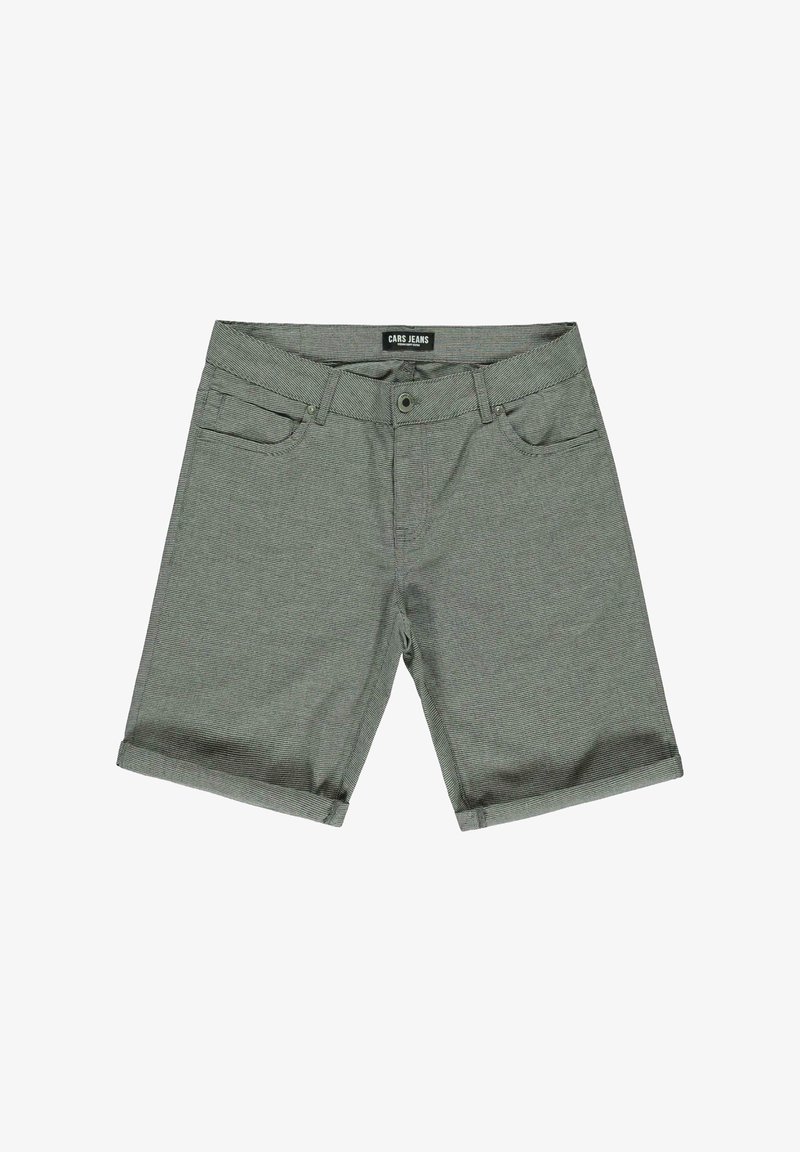 Heren shorts in een gestructureerde, donkergrijze stof met een subtiel streep patroon, voorzien van opgerolde mouwen en zijzakken. Merkenlabel zichtbaar.