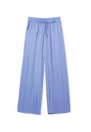Pantaloni a gamba larga di un blu chiaro realizzati in tessuto morbido. Presentano un elastico in vita con coulisse, tasche laterali e una superficie liscia.
