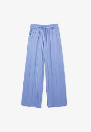 Light blue wide-leg pants made of soft fabric. Features an elastic waistband with drawstring, side pockets, and a smooth texture.