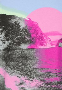 Abstrakte Landschaft mit einer pinken Sonne, die sich gegen eine schwarz-weiße Felsküste abhebt, mit strukturiertem Wasser und sanften Blau- und Grüntönen.