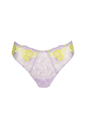 Ropa interior de encaje lavanda con bordado floral en amarillo y violeta, con tela transparente y bordes ondulados.