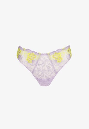 Ropa interior de encaje lavanda con bordado floral en amarillo y violeta, con tela transparente y bordes ondulados.