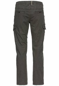 Cargo-Hosen aus dunkelgrauem Stoff mit elastischem Bund, seitlichen Taschen und Gesäßtaschen; gerade Beinform mit verstärkten Knien.