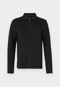 Svart langermet polo skjorte med glidelåskrage, laget av mykt stoff, med en tettsittende design og uten synlige mønstre eller aksenter.