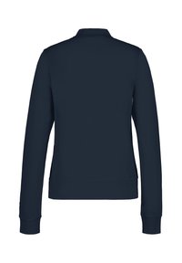 Sweat-shirt bleu marine avec une texture lisse, muni d'un col montant et de longues manches. Design simple sans logos ni motifs visibles.