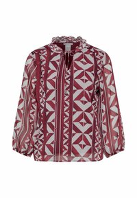 Blouse transparente à manches longues avec motif géométrique bordeaux et blanc, col à volants et fermeture par nœud à l'avant.