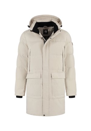 Lange crème gewatteerde winterjas met capuchon, zwarte binnenkraag, voorrits en knoopsluiting, twee klepzakken en twee verticale ritszakken.