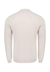 Jasne beżowy, długi sweter z długim rękawem, z prążkowanym kołnierzem i mankietami, o gładkiej teksturze i minimalistycznym designie. Widok z tyłu.