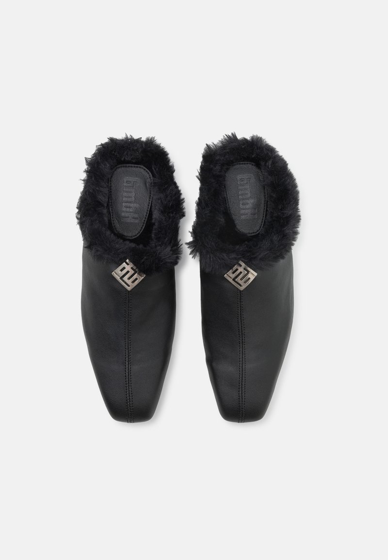 Black leather slip-on shoes with a fluffy black collar and a silver logo accent. Features a sleek, rounded design with stitched detailing.