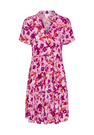 Floral dress in pink fabric featuring purple, orange, and red flowers. Short sleeves, V-neck, tiered skirt design, lightweight texture.
