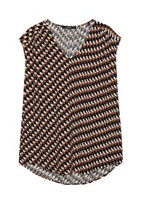 Bruine en crèmekleurige top met een V-hals, korte mouwen en een gebogen zoom. Gemaakt van lichte stof met een vloeiende uitstraling.