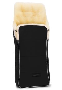 Schlafsack für Babys in Schwarz mit weichem, beigem Fleece-Futter. Verfügt über Reißverschlüsse an den Seiten und einen weißen Rand. Logosticker auf der Vorderseite.