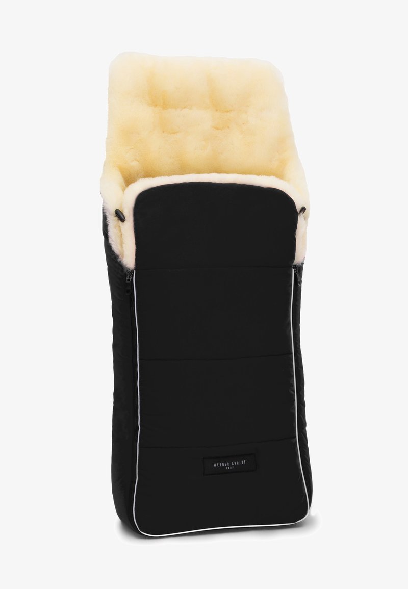 Schlafsack für Babys in Schwarz mit weichem, beigem Fleece-Futter. Verfügt über Reißverschlüsse an den Seiten und einen weißen Rand. Logosticker auf der Vorderseite.