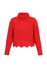 Pulover roșu tricotat cu guler înalt cu nervuri, având un model din tricot cu cabluri și tiv ondulat. Mâneci lungi cu manșete largi.