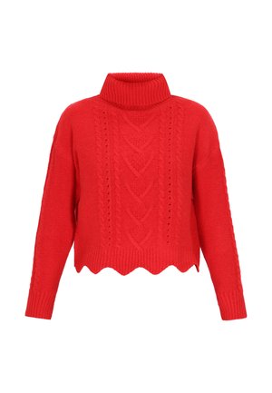 Pull en tricot rouge avec un col roulé à côtes hautes, présentant un motif en tricot torsadé et un ourlet festonné. Manches longues avec des poignets larges.